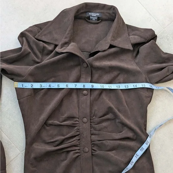 Marciano Faux Suede Button Front Dress Chocolate Brown Ruched Waist Size 6 - Picture 12 of 13